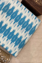 Pure Cotton Ikat Weaved Fabric - White & Blue